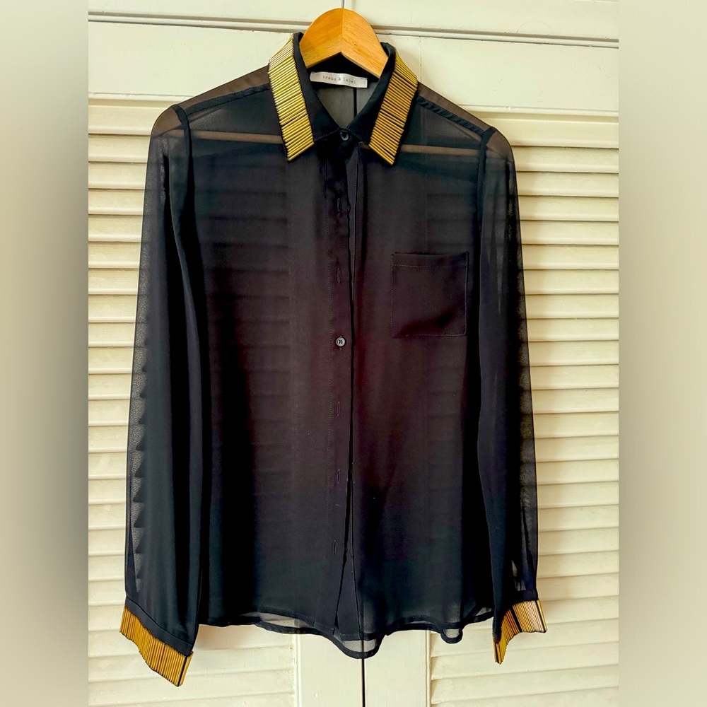 BEAUTIFUL BLACK SHEER POLY GEORGETTE BUTTON BLOUSE WITH GOLD BAR BEAD ACCENTS SM